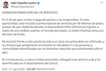 Iván Cepeda dona su prima de servicios a damnificados del Chocó y pide eliminar el beneficio - crédito @IvanCepedaCast/X