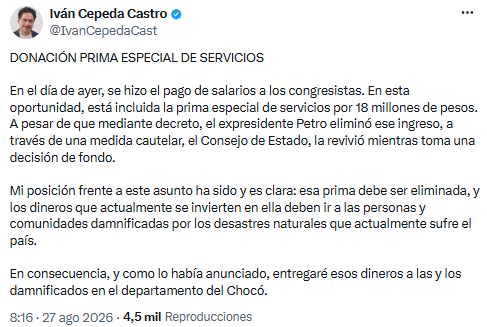 Iván Cepeda dona su prima de servicios a damnificados del Chocó y pide eliminar el beneficio - crédito @IvanCepedaCast/X