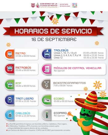 Horarios de servicio de transporte público para el miércoles 16 de septiembre. (X/@LaSEMOVI)