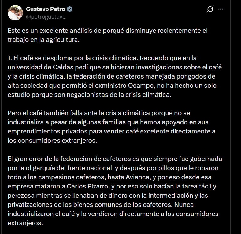 Gustavo Petro aseguró que la Federación Nacional de Cafeteros está supuestamente “manejada por godos” - crédito @petrogustavo/X