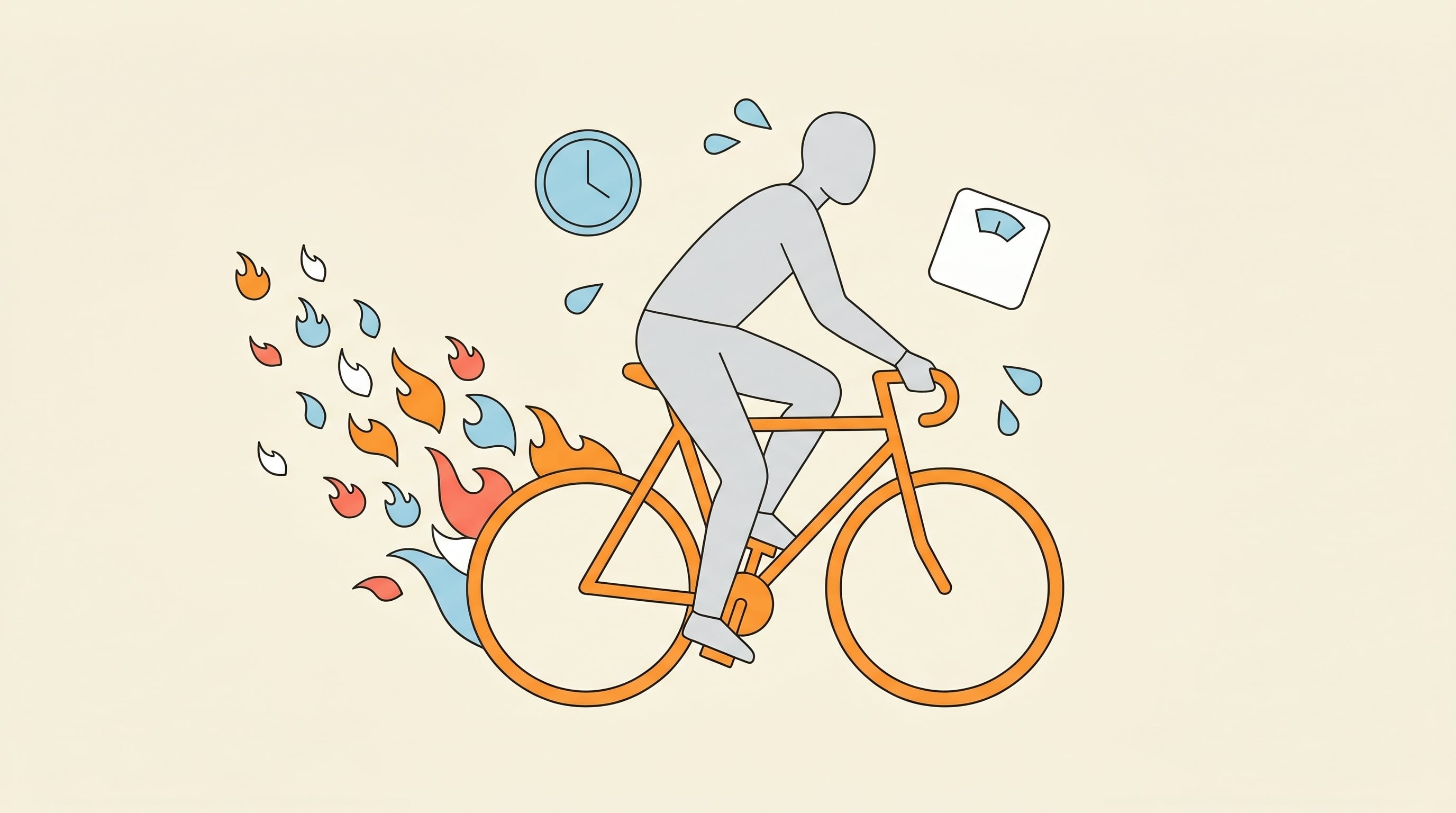 Una figura genérica sin rostro pedalea intensamente en una bicicleta estilizada, quemando calorías simbolizadas por llamas de colores, mientras un reloj, una balanza y gotas de sudor enfatizan el esfuerzo y los resultados de la actividad física. (Imagen Ilustrativa Infobae)