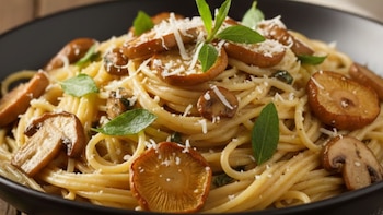 Spaghetti en sartén, recién mezclado