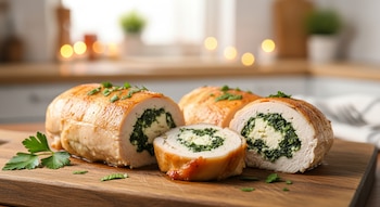 Rollitos de pechuga de pollo dorados rellenos de espinacas y queso, con algunos cortados mostrando el interior, presentados sobre una tabla de madera con perejil.