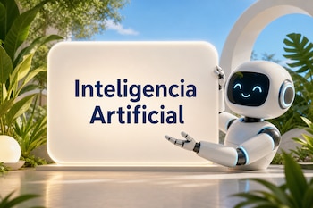 Un robot blanco señala un letrero iluminado con el texto Inteligencia Artificial, rodeado por plantas tropicales y un arco blanco.