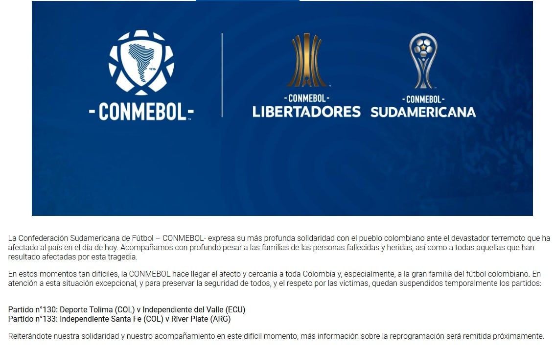 El comunicado de la Conmebol sobre la postergación del partido entre Independiente Santa Fe y River