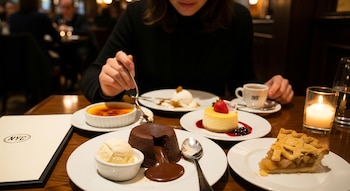 Primer plano de una persona disfrutando de múltiples postres en un restaurante. Se ven coulant de chocolate con helado, tarta de queso y creme brulee.