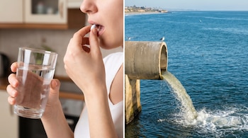 Una persona ingiere una pastilla blanca con agua junto a una tubería de hormigón que vierte aguas residuales en el mar azul.