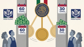 Ilustración de un péndulo con el escudo de la Suprema Corte de Justicia de la Nación. A la izquierda, billetes y '60 días'; a la derecha, menos billetes y '30 días'. Logos de ISSSTEZAC y trabajadores silueta observando.