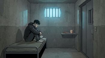 Un joven con sudadera con capucha está sentado en una cama dentro de una celda de prisión. Hay una ventana enrejada, una puerta y un estante con un libro y un vaso.