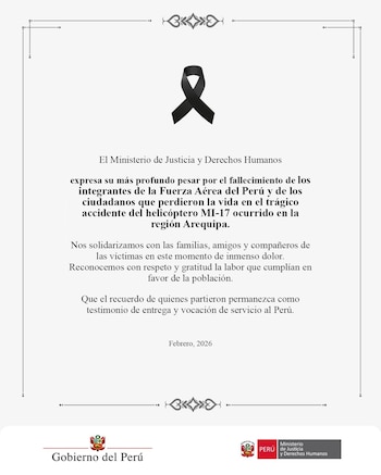 El Ministerio de Justicia y Derechos Humanos lamentó la muerte de militares y civiles en el accidente aéreo registrado en Arequipa.