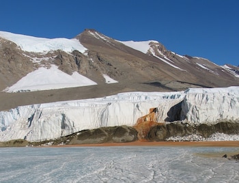 Flujo rojizo emerge del Glaciar Taylor sobre terreno de color óxido. Grandes montañas nevadas al fondo y una superficie helada agrietada bajo un cielo azul claro
