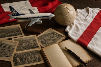 Maqueta de avión de TANS Perú, balón antiguo, camiseta blanca con franja roja, fotografías en blanco y negro, libreta con pluma y bandera peruana.