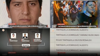 Cuadro de cuatro capturas con un retrato masculino, una escena en un local, un esquema con tres accionistas y una lista con nombres.