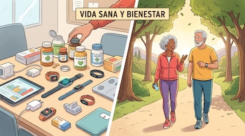 Frascos de vitaminas y relojes inteligentes sobre una mesa junto a dos adultos mayores que caminan por un parque arbolado.