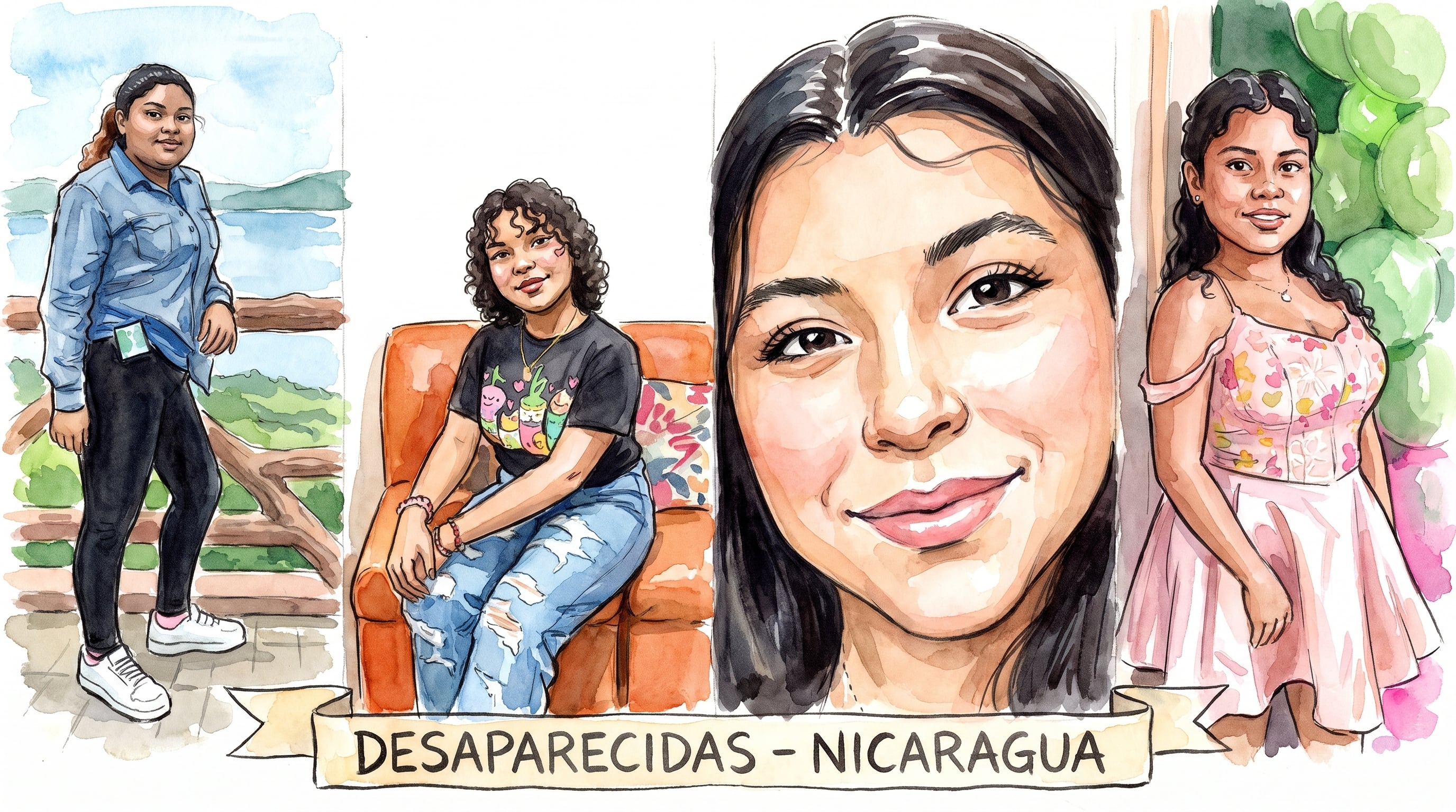 Cuatro retratos a acuarela muestran a jóvenes nicaragüenses desaparecidas. (Imagen Ilustrativa Infobae)