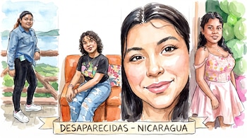 Cuatro retratos a acuarela de jóvenes mujeres. Debajo, un banner con el texto 'DESAPARECIDAS - NICARAGUA'.