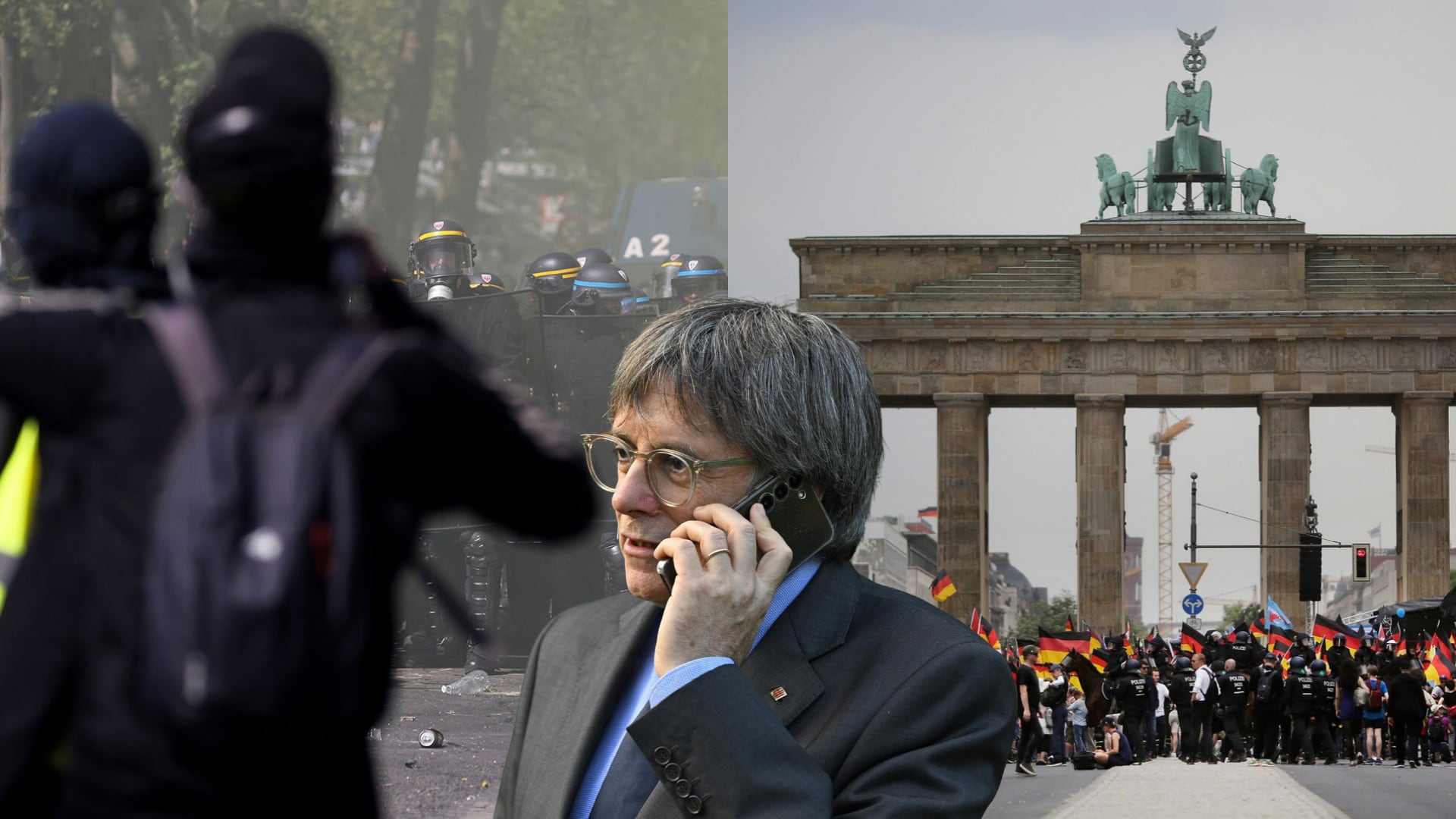 Imágenes de los chalecos amarillos de Francia, de manifestaciones en Alemania y en el centro Carles Puigdemont. (Montaje Infobae)
