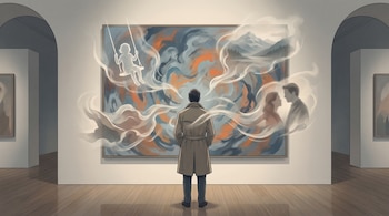 Vista trasera de una persona de pie frente a una pintura abstracta en un museo; de la pintura emanan siluetas de un niño en columpio, montañas y una pareja.