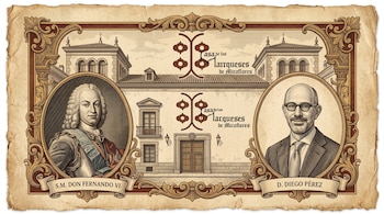 Grabado con la fachada de un edificio histórico flanqueada por dos medallones con los retratos de Fernando VI y Diego Pérez en un marco ornamental.