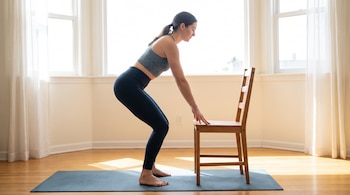 Una mujer en ropa deportiva sobre una colchoneta de ejercicio realiza una sentadilla, sujeta una silla de madera. Ventanas y cortinas blancas en el fondo.
