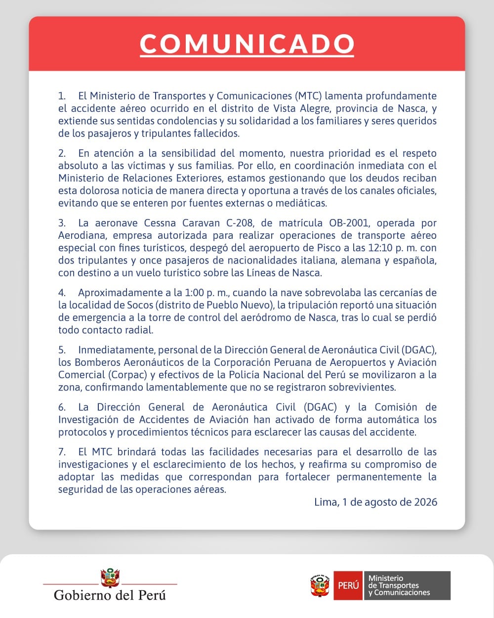 Comunicado del MTC