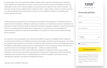 Diversos actores sociales instan a las autoridades a priorizar parámetros éticos y la ausencia de procesos judiciales para garantizar la legitimidad y protección del sistema sanitario nacional - crédito captura de pantalla Change.org