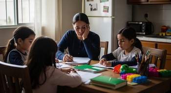Una mujer mira un calendario escolar y escribe, sentada en una mesa de cocina rodeada de tres niños, cuadernos y útiles. Al fondo, una ventana y la cocina.