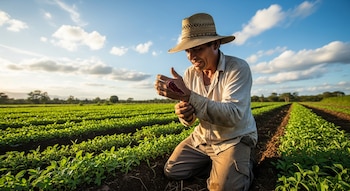 Hombre de tez morena con sombrero de paja y camisa clara se arrodilla en un campo de cultivo con una herida en la mano izquierda.