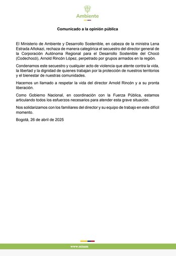 Comunicado del Ministerio de Ambiente