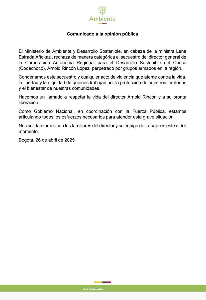 Comunicado del Ministerio de Ambiente rechazando el secuestro de de Arnold Rincón, director de la Corporación Autónoma Regional del Chocó (CodeChocó). (Crédito: MInisterio de Ambiente)