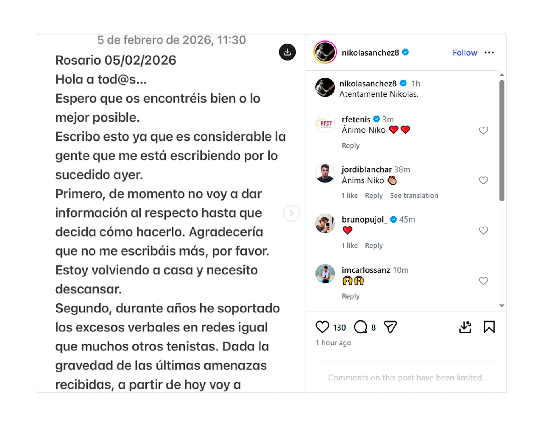 El tenista Nicolás Sánchez publicó un comunicado en Instagram abordando las amenazas que recibió durante el torneo en Rosario (Foto: @nikolasanchez8)