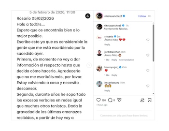 El tenista Nicolás Sánchez publicó