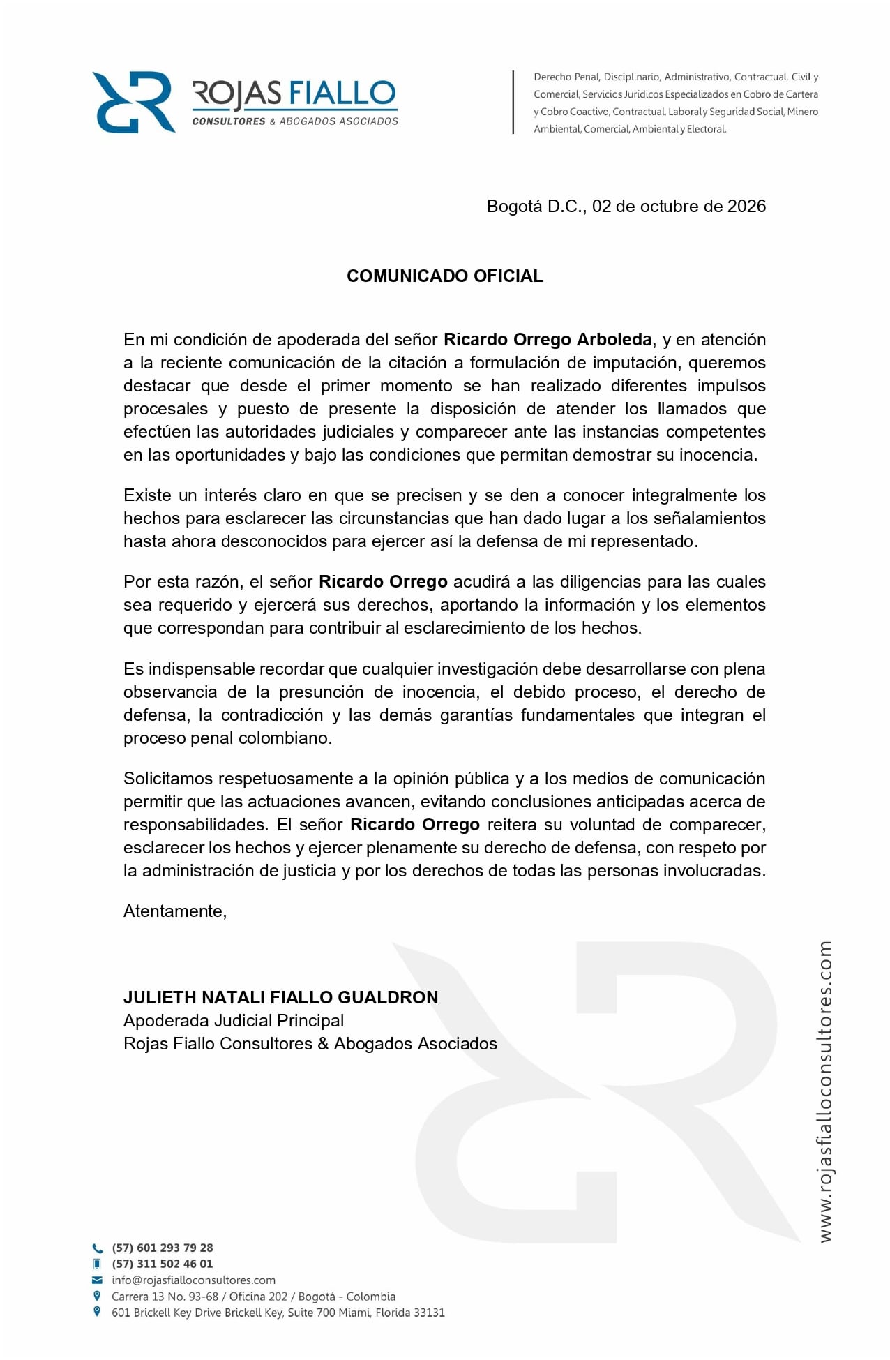 Este es el pronunciamiento de la abogada del periodista deportivo Ricaro Orrego - crédito Rojas Fiallo Consultores y Abogados