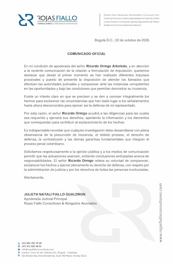 Este es el pronunciamiento de la abogada del periodista deportivo Ricaro Orrego - crédito Rojas Fiallo Consultores y Abogados
