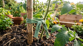 Tallo de planta de tomate atado con una tira de tela verde a una vara de bambú clavada en la tierra.