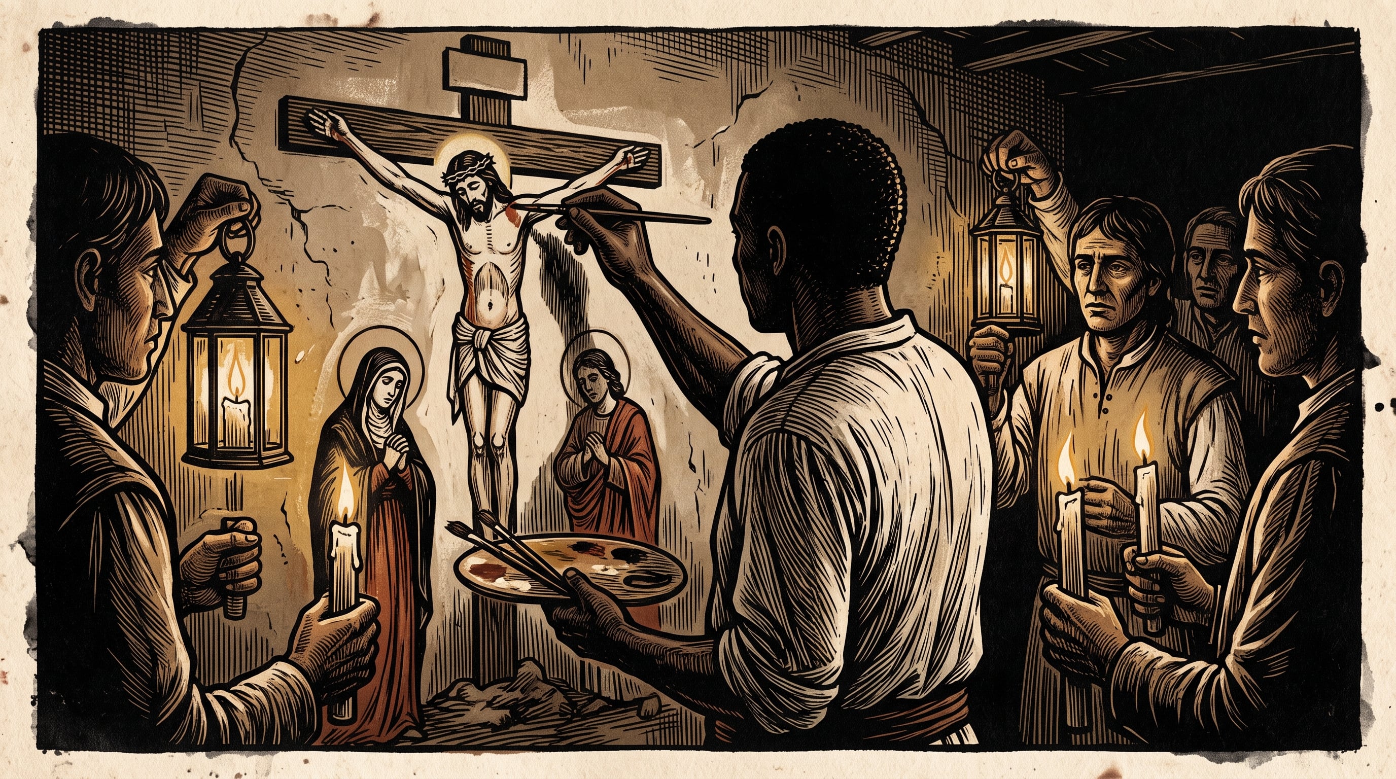 Un esclavo africano pinta la figura del Señor de los Milagros sobre un muro de adobe rodeado por personas que iluminan el espacio con velas y faroles en Pachacamilla en 1651. (Imagen Ilustrativa Infobae)