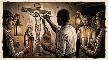 Grabado de un hombre de espaldas que pinta a Cristo en la cruz sobre un muro, rodeado por varias personas con velas y faroles encendidos.