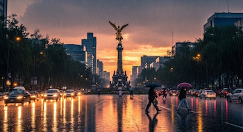 Monumento del Ángel de la Independencia en Ciudad de México, una avenida con lluvia, vehículos y peatones, edificios y un cielo naranja al atardecer.