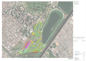 Plano aéreo del Autódromo Juan y Oscar Alfredo Gálvez, Buenos Aires, con el trazado del circuito de MotoGP, áreas de escape y boxes resaltados