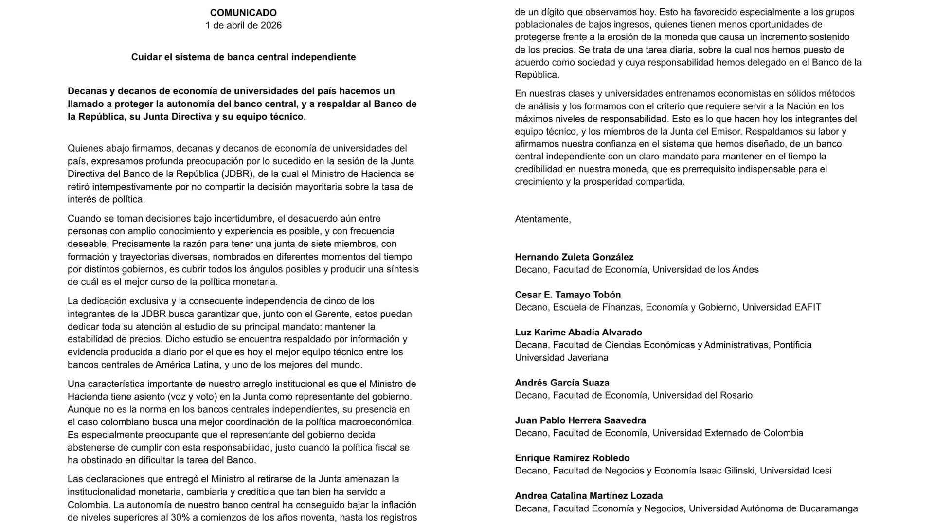 Decanos de universidades señalaron que la retirada del ministro de Hacienda, Germán Ávila, durante la sesión de la Junta Directiva del Banco de la República representa un riesgo para la institucionalidad monetaria, cambiaria y crediticia del país - crédito @EconomiaUAndes/X
