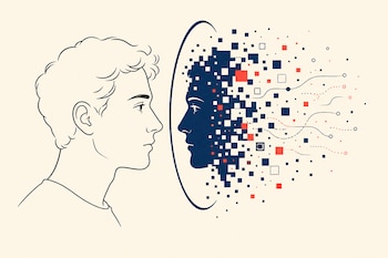 Dibujo lineal del perfil de un hombre frente a una silueta oscura que se descompone en pequeños cuadrados y líneas sobre fondo claro.