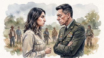 Ilustración en acuarela de una mujer y un hombre en uniforme militar, frente a frente, con varias figuras masculinas y árboles al fondo.