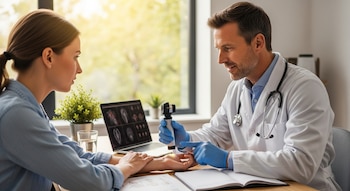Un médico con bata blanca y guantes azules examina la muñeca de una paciente con un dermatoscopio; un portátil con imágenes médicas está en la mesa.