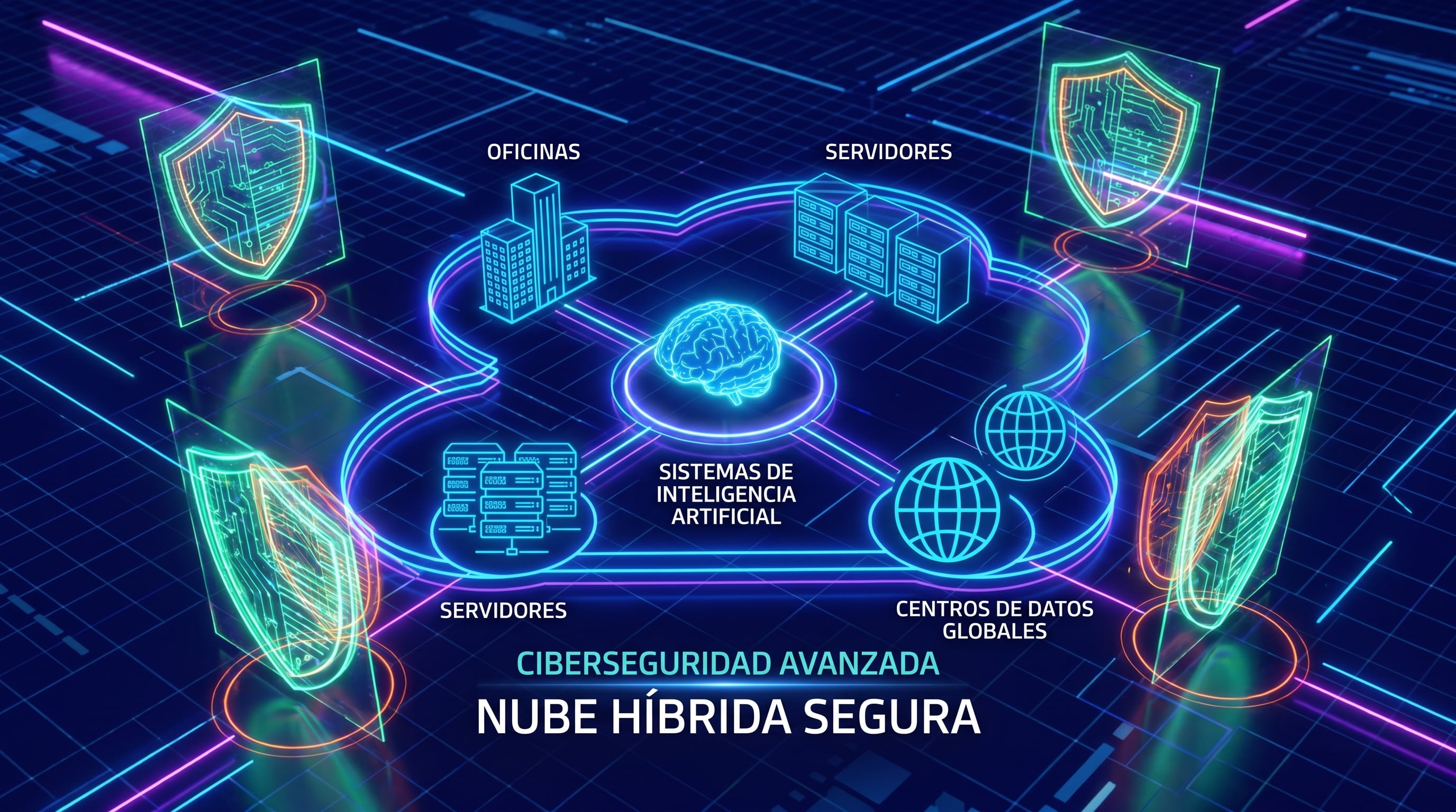 Una visualización digital futurista muestra una nube híbrida conectando oficinas, servidores y centros de datos globales, protegida por escudos holográficos de ciberseguridad alrededor de sistemas de inteligencia artificial. (Imagen Ilustrativa Infobae)