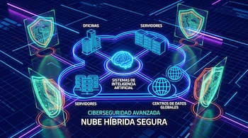 Imagen digital futurista con líneas neón sobre un fondo oscuro, ilustra una nube híbrida con oficinas, servidores, centros de datos y IA, protegida por escudos.
