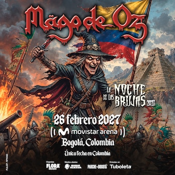 Afiche promocional con el logo de Mägo de Oz, un mapa de distribución del recinto Movistar Arena, precios de entradas y la fecha del evento