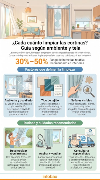 Infografía con ilustraciones de cortinas en distintas habitaciones, porcentajes de humedad y recomendaciones impresas en cuadros explicativos.