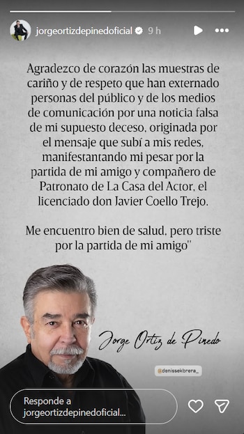 Captura de pantalla de una historia de Instagram con un mensaje de Jorge Ortiz de Pinedo desmintiendo rumores y su foto de busto