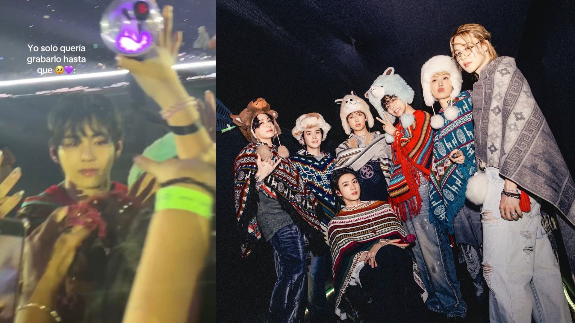 El cantante Taehyung entrega un chullo tradicional a un asistente durante una presentación de la banda de K-pop BTS en Perú.