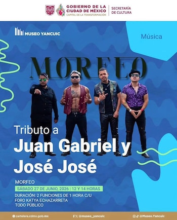 Cuatro hombres de pie mirando al frente con gafas de sol, el logotipo del Museo Yancuic y el Gobierno de la Ciudad de México, texto sobre un evento musical